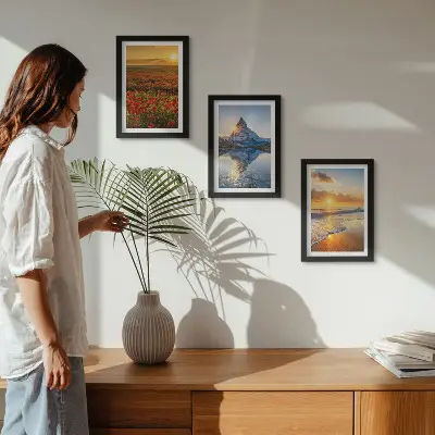 Juego de 3 cuadros decorativos con paisajes de montaña y costeros al atardecer