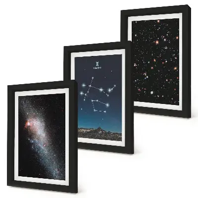 Tríptico enmarcado del signo zodiacal Géminis con diseño de galaxia, espacio y estrellas