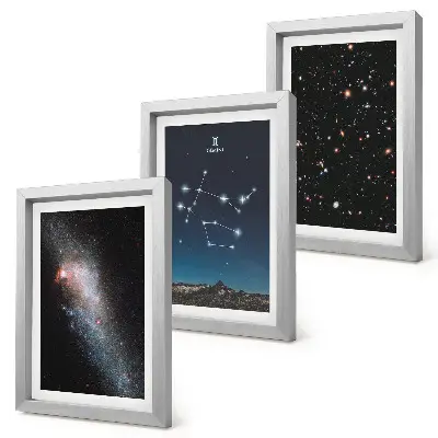 Tríptico enmarcado del signo zodiacal Géminis con diseño de galaxia, espacio y estrellas