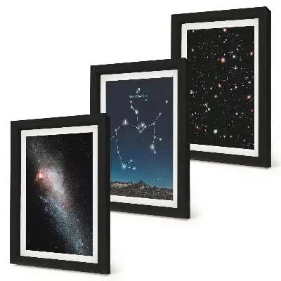 Tríptico enmarcado de galaxias, constelaciones y el signo zodiacal de Sagitario
