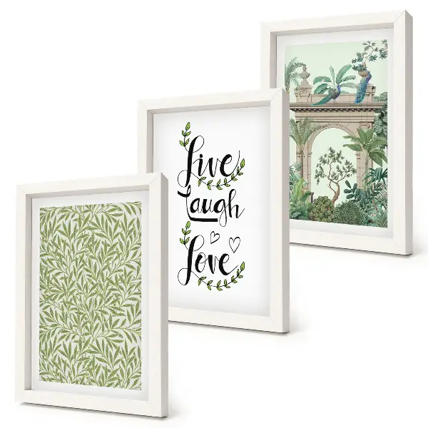Juego de 3 cuadros decorativos con diseño de hojas verdes, inscripciones y plantas exóticas