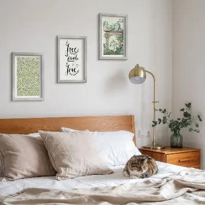 Juego de 3 cuadros decorativos con diseño de hojas verdes, inscripciones y plantas exóticas