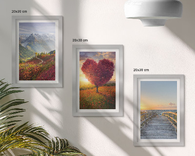 Tríptico enmarcado Paisajes de montaña, muelle con forma de corazón y árboles