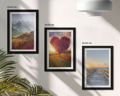 Tríptico enmarcado Paisajes de montaña, muelle con forma de corazón y árboles