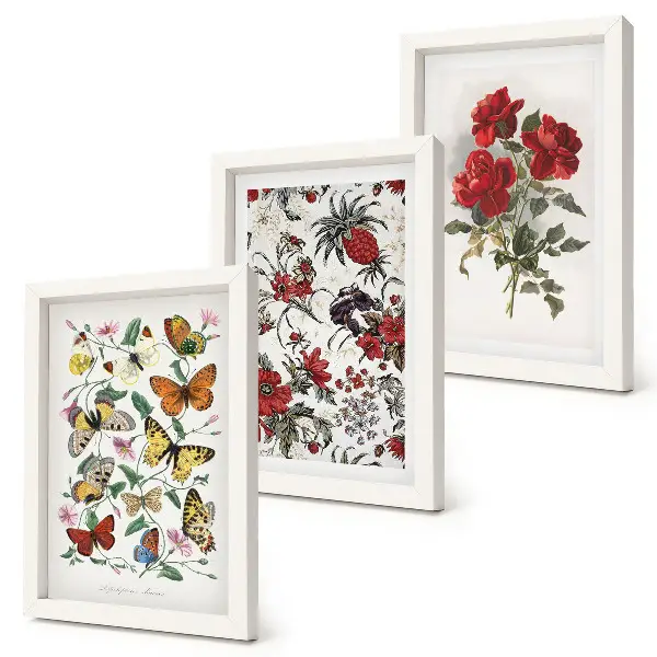 Tríptico enmarcado con diseño de mariposas, flores y rosas rojas en estilo clásico