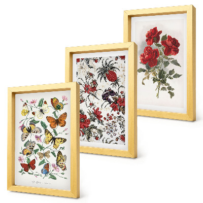 Tríptico enmarcado Mariposas, flores y rosas rojas en un estilo clásico.