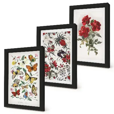 Tríptico enmarcado con diseño de mariposas, flores y rosas rojas en estilo clásico