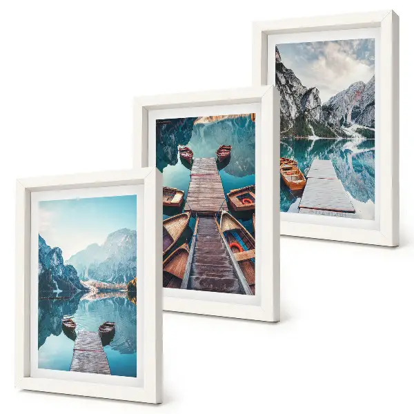 Juego de 3 cuadros decorativos lago tranquilo con muelles de madera y barcos