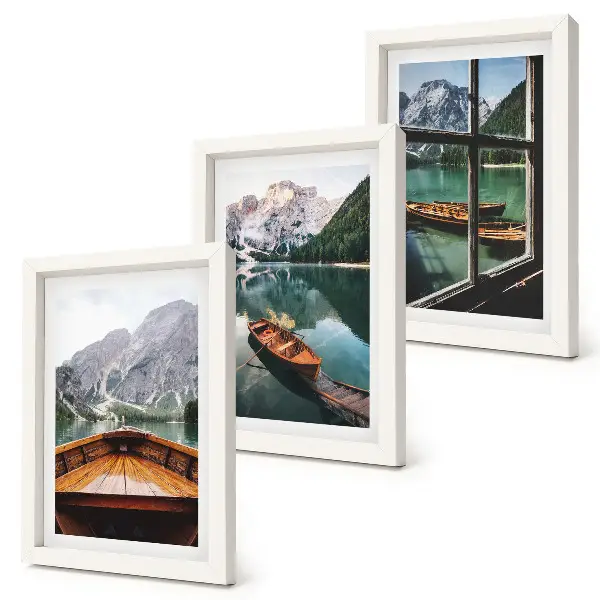 Juego de 3 cuadros decorativos con vista de un lago de montaña con barcos y una ventana al fondo