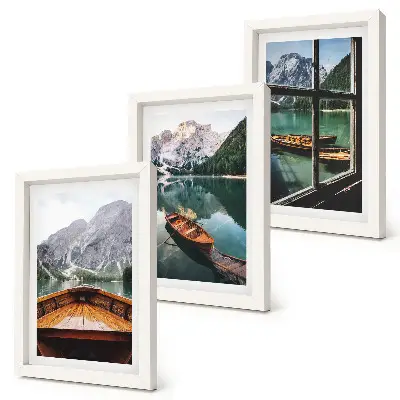 Juego de 3 cuadros decorativos con vista de un lago de montaña con barcos y una ventana al fondo