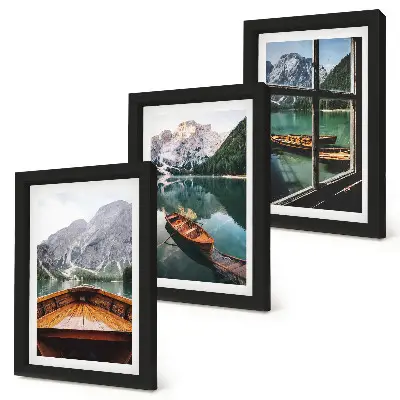 Juego de 3 cuadros decorativos con vista de un lago de montaña con barcos y una ventana al fondo