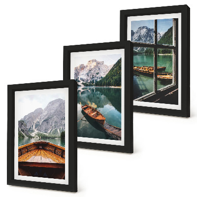 Juego de 3 cuadros decorativos Vista de un lago de montaña con barcos y una ventana al fondo.