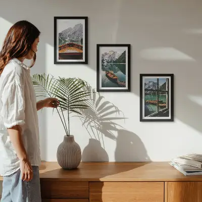 Juego de 3 cuadros decorativos con vista de un lago de montaña con barcos y una ventana al fondo