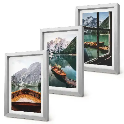Juego de 3 cuadros decorativos con vista de un lago de montaña con barcos y una ventana al fondo