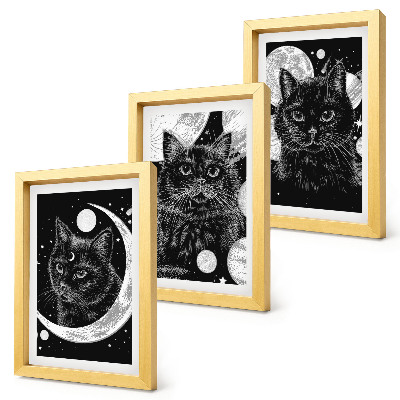 Juego de 3 cuadros decorativos Gatos negros con la luna y los planetas de fondo en el espacio.
