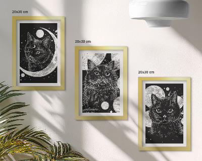 Juego de 3 cuadros decorativos Gatos negros con la luna y los planetas de fondo en el espacio.