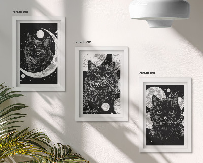 Juego de 3 cuadros decorativos Gatos negros con la luna y los planetas de fondo en el espacio.