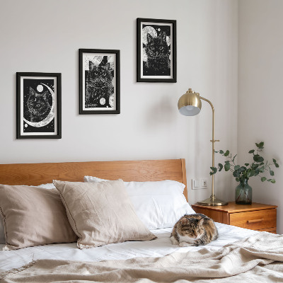 Juego de 3 cuadros decorativos Gatos negros con la luna y los planetas de fondo en el espacio.