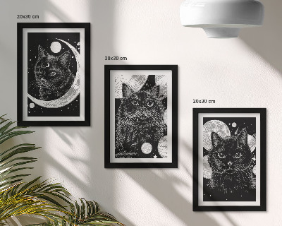 Juego de 3 cuadros decorativos Gatos negros con la luna y los planetas de fondo en el espacio.