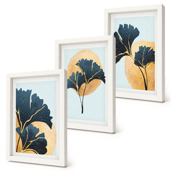 Juego de 3 cuadros decorativos Hojas de ginkgo estéticas sobre un fondo claro