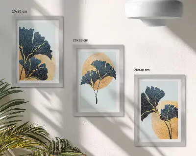 Juego de 3 cuadros decorativos con diseño de hojas de ginkgo sobre fondo claro