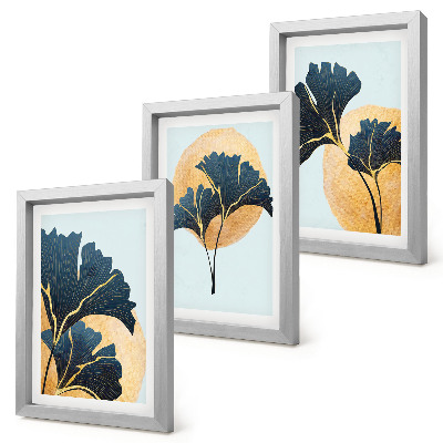 Juego de 3 cuadros decorativos Hojas de ginkgo estéticas sobre un fondo claro