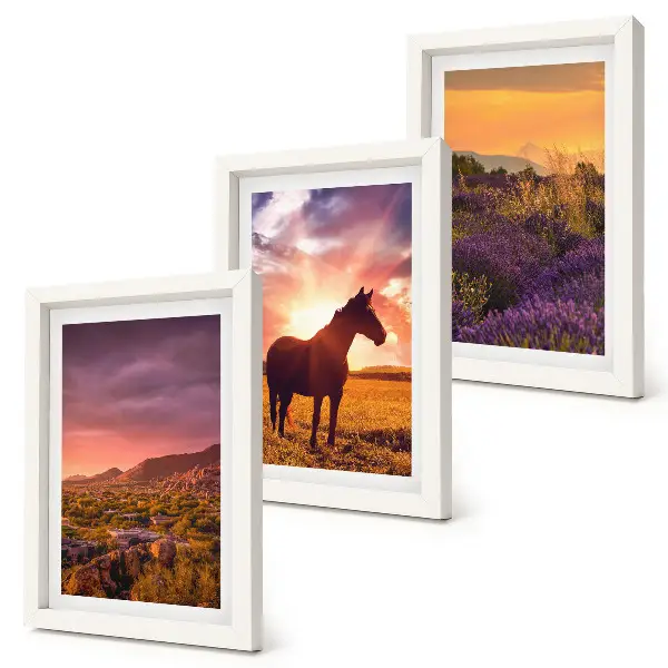 Tríptico de paisajes de montaña con caballos y campos de lavanda enmarcado