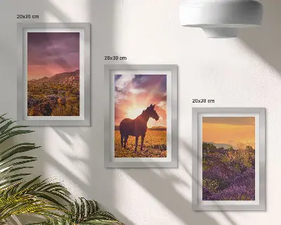 Tríptico de paisajes de montaña con caballos y campos de lavanda enmarcado