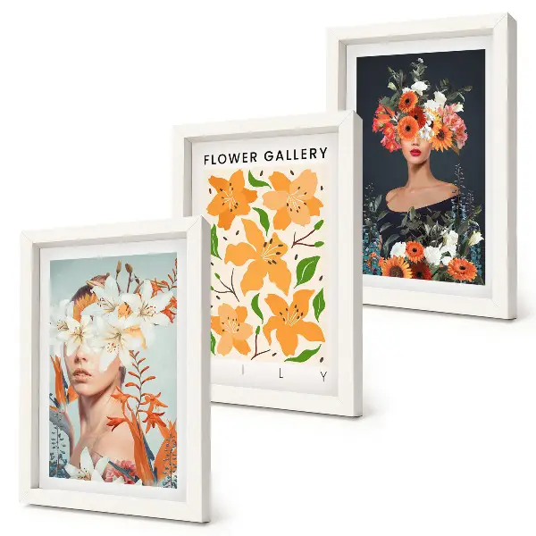 Juego de 3 cuadros decorativos con retratos florales de ramos y hojas coloridas