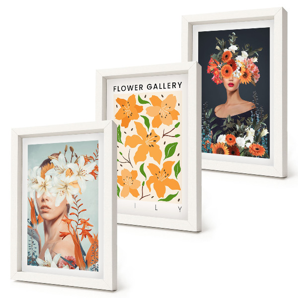 Juego de 3 cuadros decorativos Retratos florales con coloridos ramos y hojas.