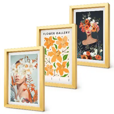 Juego de 3 cuadros decorativos con retratos florales de ramos y hojas coloridas