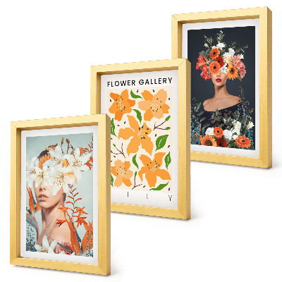Juego de 3 cuadros decorativos Retratos florales con coloridos ramos y hojas.