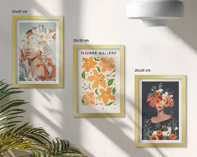 Juego de 3 cuadros decorativos con retratos florales de ramos y hojas coloridas