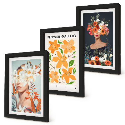 Juego de 3 cuadros decorativos Retratos florales con coloridos ramos y hojas.