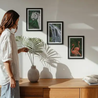 Juego de 3 cuadros decorativos de cascada del tigre y flamencos rosados en la naturaleza