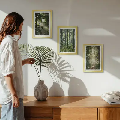 Juego de 3 cuadros decorativos con diseño de bosques verdes y sendero forestal bajo rayos de luz