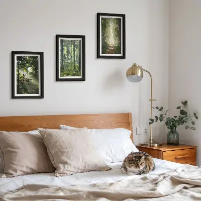 Juego de 3 cuadros decorativos con diseño de bosques verdes y sendero forestal bajo rayos de luz