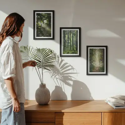 Juego de 3 cuadros decorativos con diseño de bosques verdes y sendero forestal bajo rayos de luz