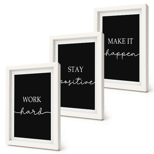 Juego de 3 cuadros decorativos Elegantes eslóganes motivacionales sobre un fondo negro.