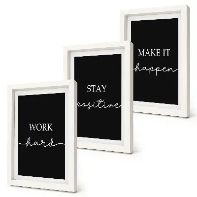 Juego de 3 cuadros decorativos con elegantes eslóganes motivacionales sobre un fondo negro