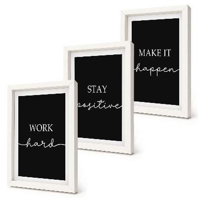 Juego de 3 cuadros decorativos Elegantes eslóganes motivacionales sobre un fondo negro.