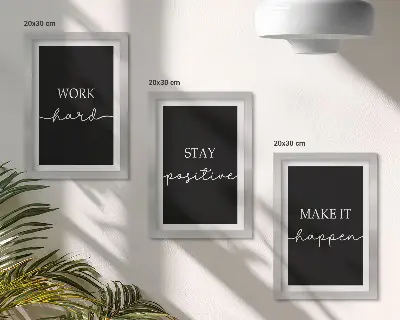 Juego de 3 cuadros decorativos con elegantes eslóganes motivacionales sobre un fondo negro