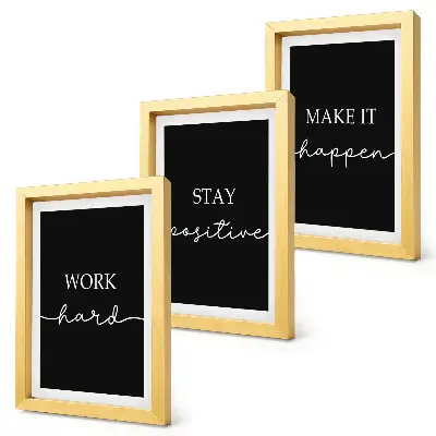 Juego de 3 cuadros decorativos con elegantes eslóganes motivacionales sobre un fondo negro