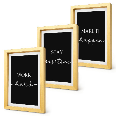 Juego de 3 cuadros decorativos Elegantes eslóganes motivacionales sobre un fondo negro.