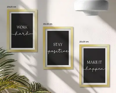 Juego de 3 cuadros decorativos con elegantes eslóganes motivacionales sobre un fondo negro