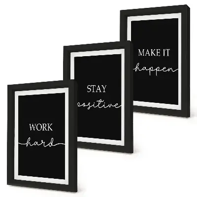 Juego de 3 cuadros decorativos con elegantes eslóganes motivacionales sobre un fondo negro
