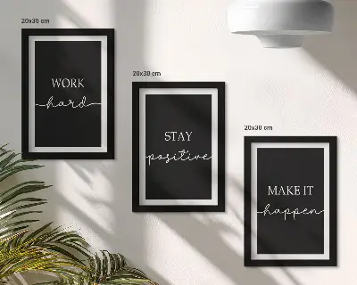 Juego de 3 cuadros decorativos con elegantes eslóganes motivacionales sobre un fondo negro