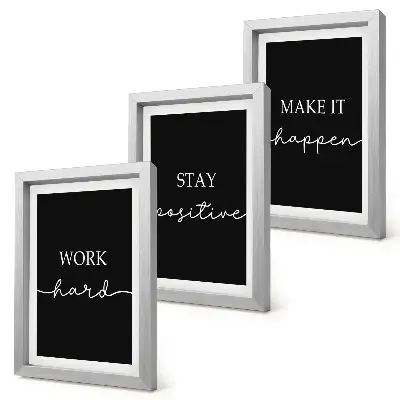Juego de 3 cuadros decorativos con elegantes eslóganes motivacionales sobre un fondo negro