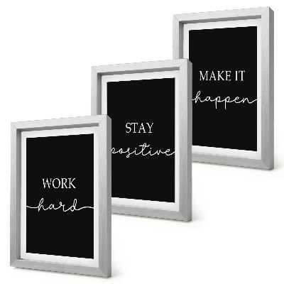 Juego de 3 cuadros decorativos Elegantes eslóganes motivacionales sobre un fondo negro.
