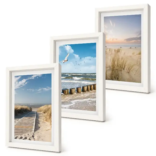 Juego de 3 cuadros decorativos con paisaje de playa, arena, olas, cielo y pájaros en vuelo